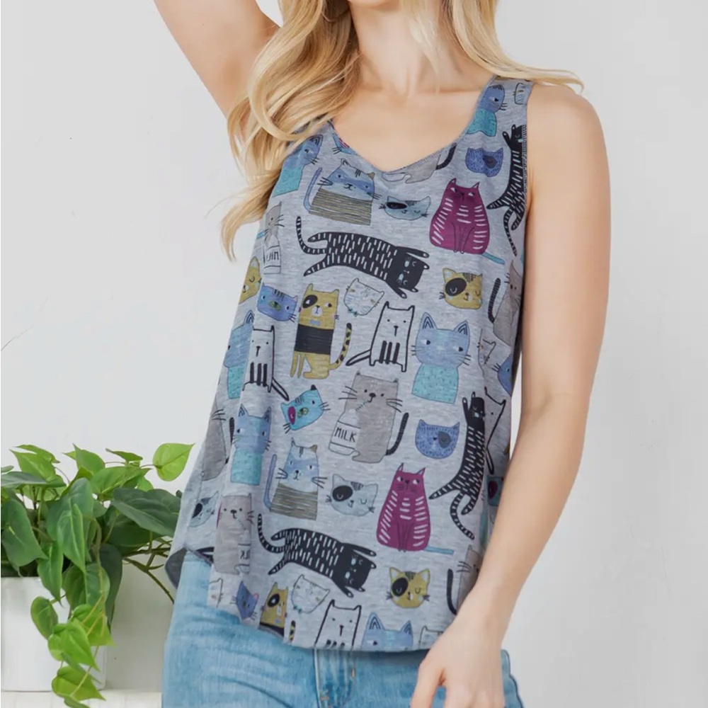 NWT LA Soul Cat Print Racerback Tank Top – Size Large Layering Piece Cat Lovers